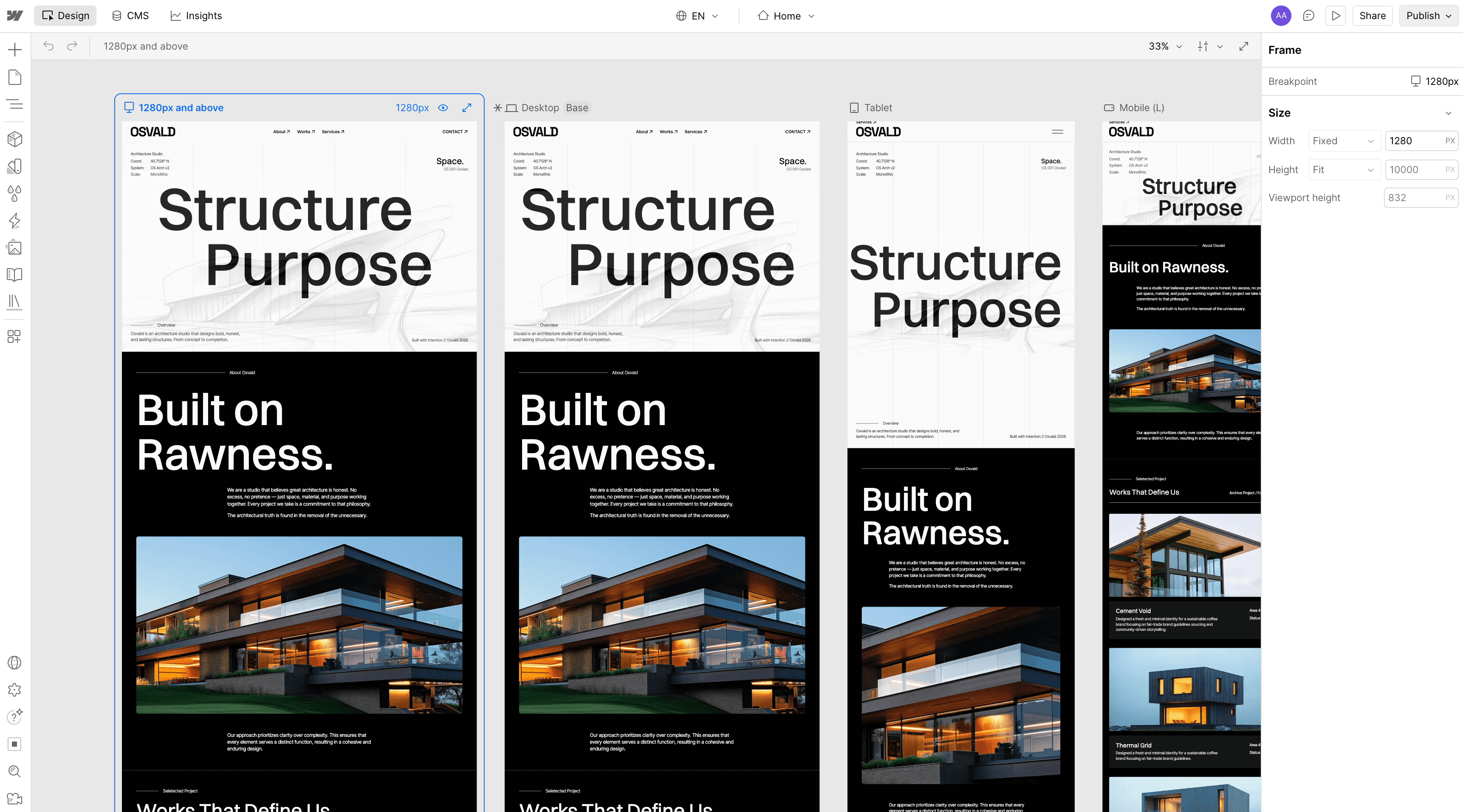 Webflow Designer showing desktop, tablet, and mobile breakpoints side by side